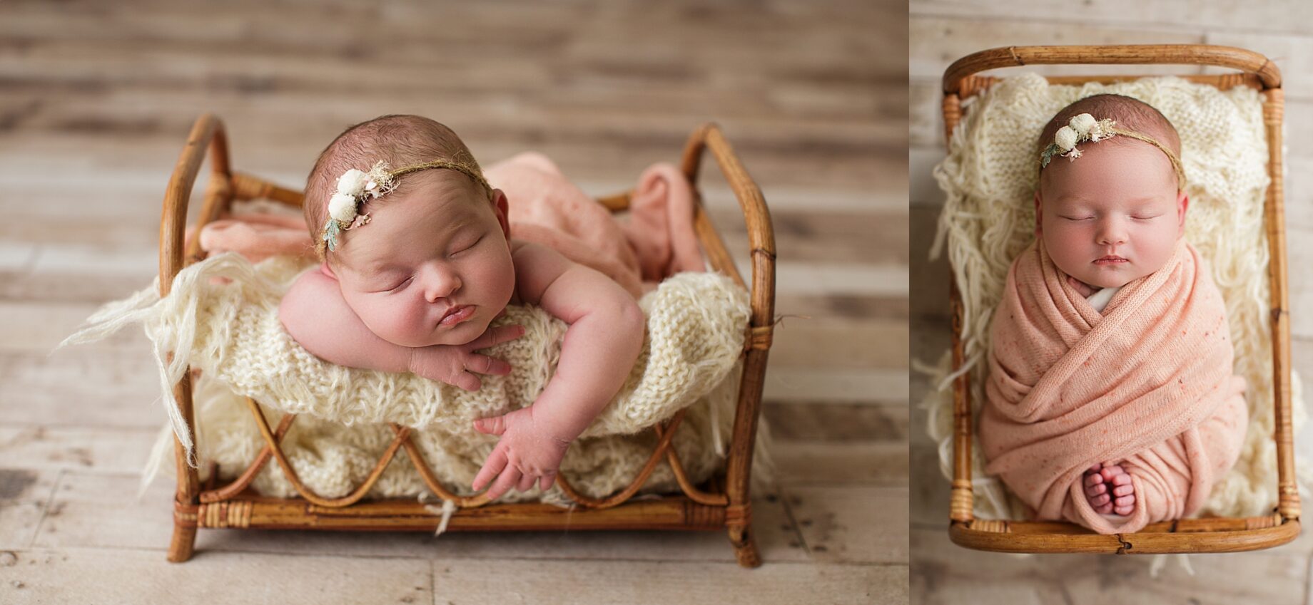 southeast Missouri newborn photographer, Perryville newborn photographer, Cape Girardeau newborn photographer, baby in basket, wood floor, newborn photoshoot, boho theme newborn