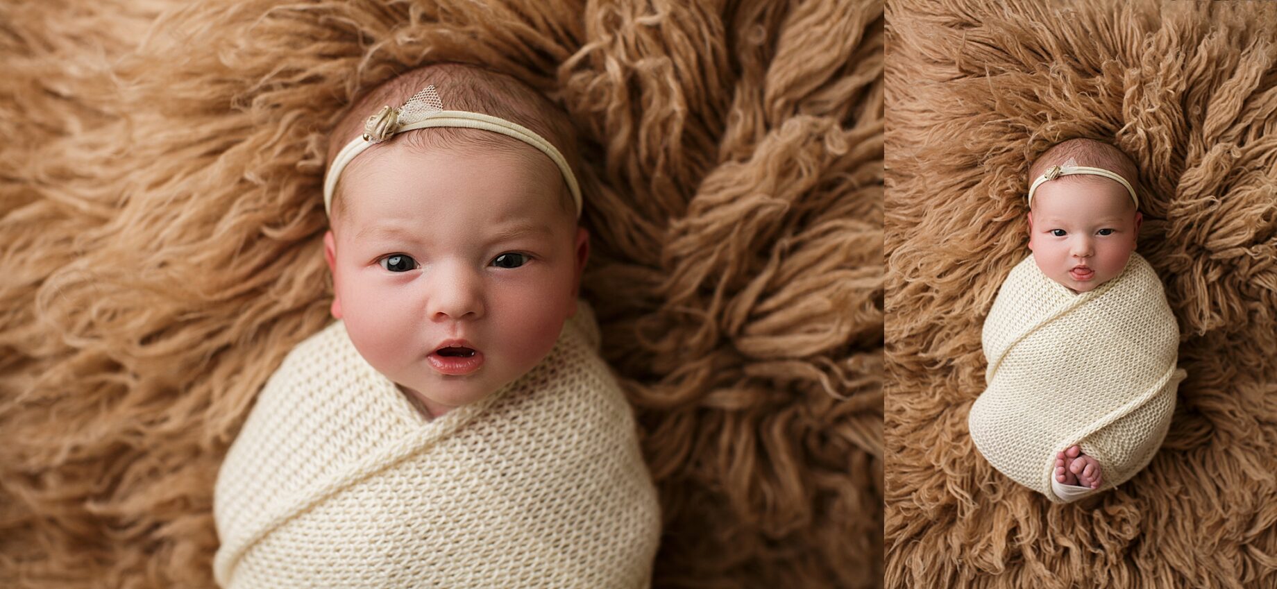 Cape Girardeau newborn photographer, perryville newborn photographer, baby on fuzzy rug, wide awake, flokati, baby girl