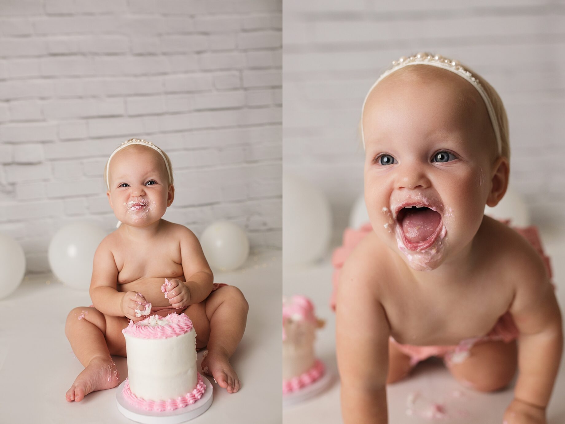 Perryville cake smash photographer, Cape Girardeau newborn photographer, baby eating cake, laughing, white brick backdrop