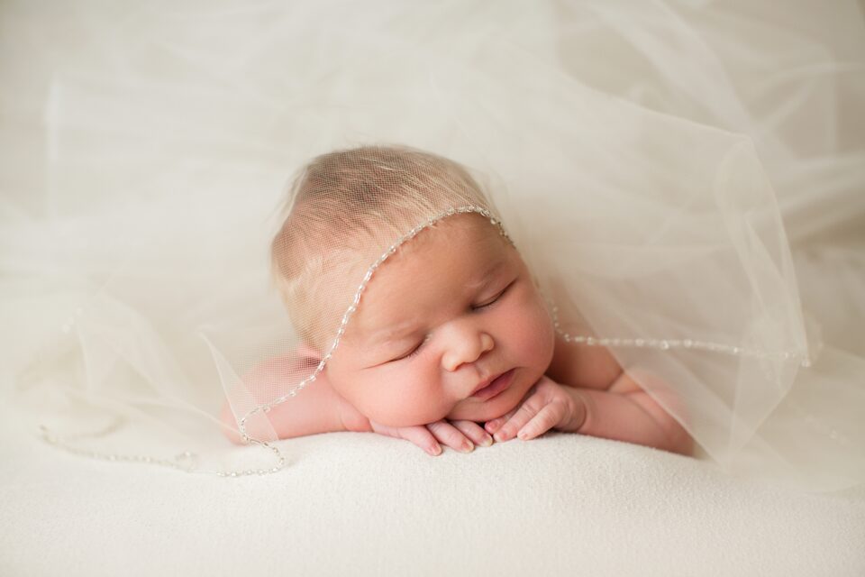 Missouri Newborn photographer, Cape Girardeau newborn photographer, wedding veil newborn picture, baby girl, cream backdrop, studio