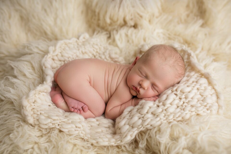 Cape Girardeau newborn photographer, perryville newborn photographer, baby on cream fuzzy rug, blonde baby, monochrome cream studio photos, newborn photo