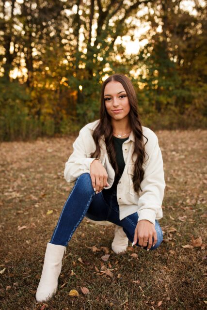 perryville senior photographer, Cape Girardeau senior photographer, Farmington senior photographer, squat, long hair, leaves on ground, autumn, fall high school pictures, photography