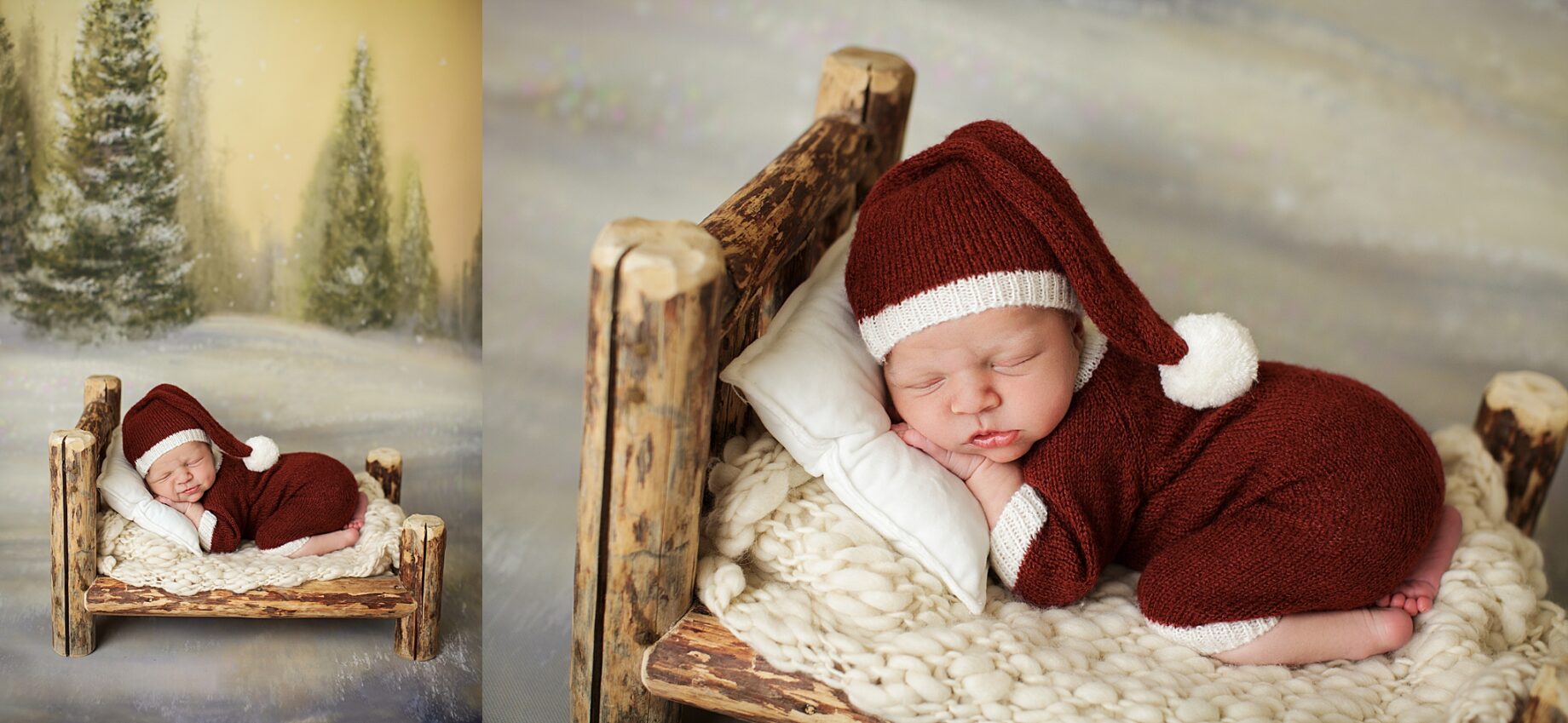Farmington Missouri Newborn photographer, perryville newborn photographer, Christmas, baby Santa, Christmas newborn photos, intuition backgrounds, Santa hat, baby sleeping, wood bed