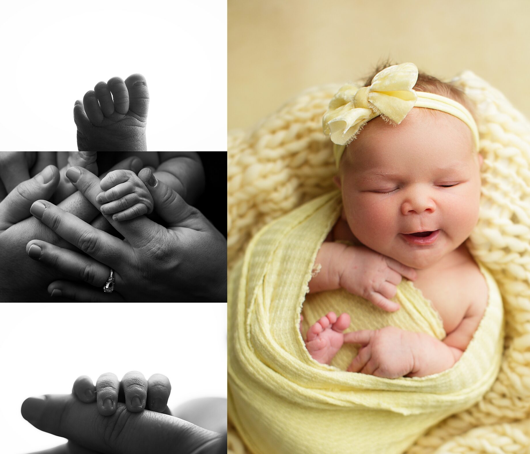 Cape Girardeau newborn photographer, Farmington newborn photographer, perryville newborn photographer, macro images, baby smiling, mom holding baby hand, black and white, photo collage