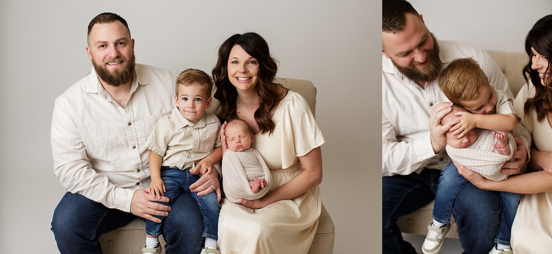 St. Louis newborn photographer, perryville missouri newborn photographer, family newborn photos, white studio backdrop, brother hugging baby, mom and dad, neutral photoshoot
