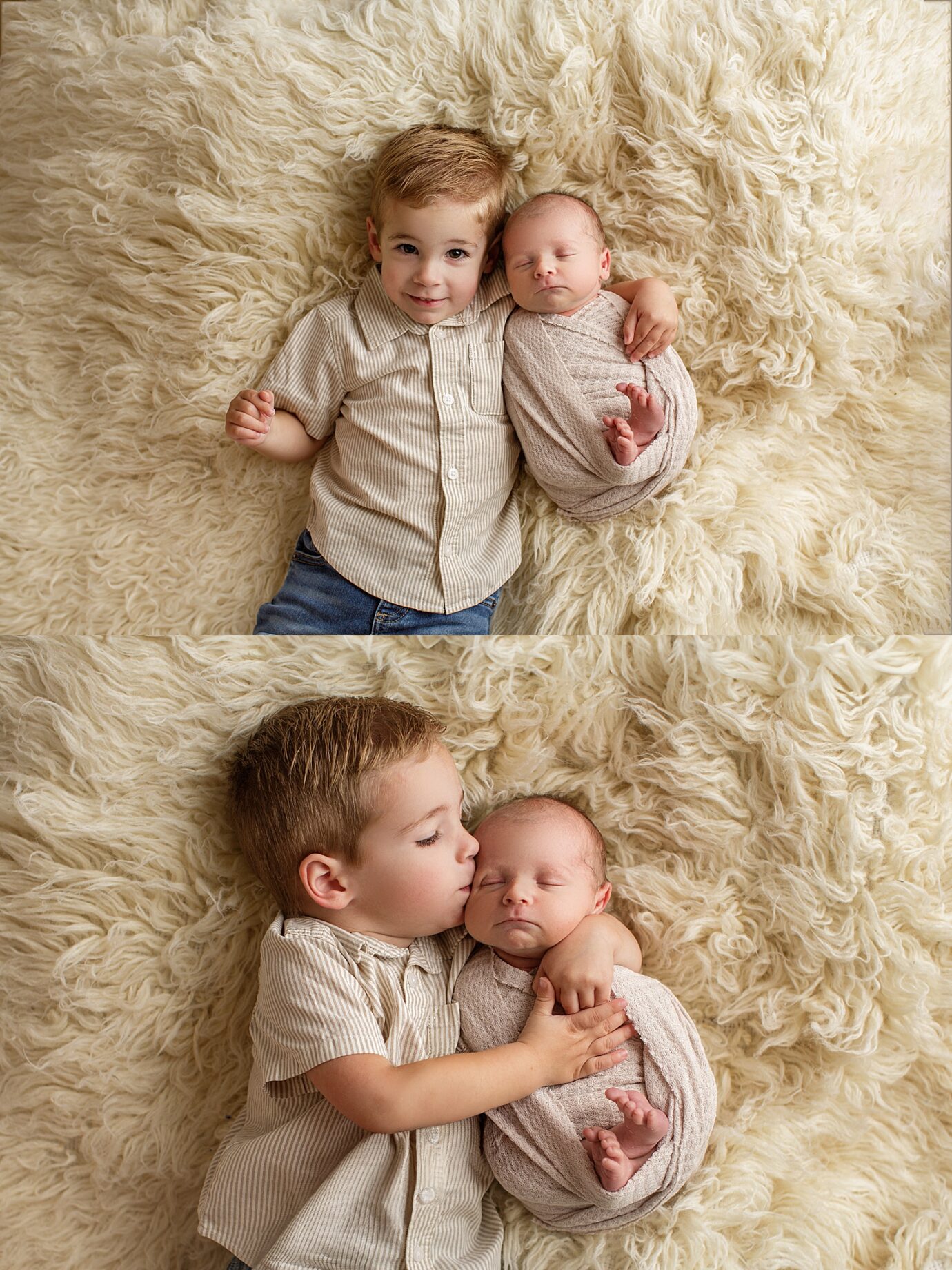 St. Louis newborn photographer, perryville Missouri newborn photographer, farmington newborn photographer, siblings, brother holding baby, fuzzy white rug, smiling at camera
