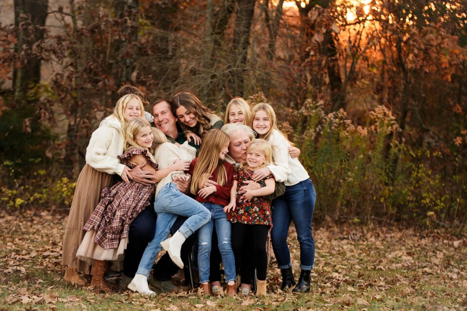 Farmington newborn photographer, Cape Girardeau photographer, perryville photographer, kids hugging grandparents, grandkids, fall sunset