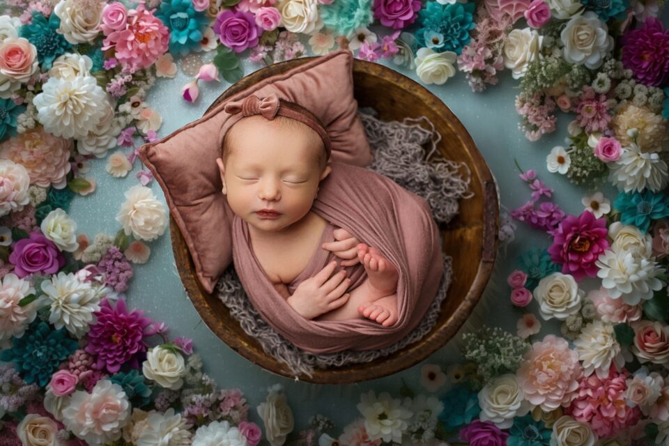 farmington Missouri Newborn photographer, CAPE GIRARDEAU Missouri Newborn photographer, perryville, flowers, baby girl sleeping in bowl, wooden bowl, bed of flowers