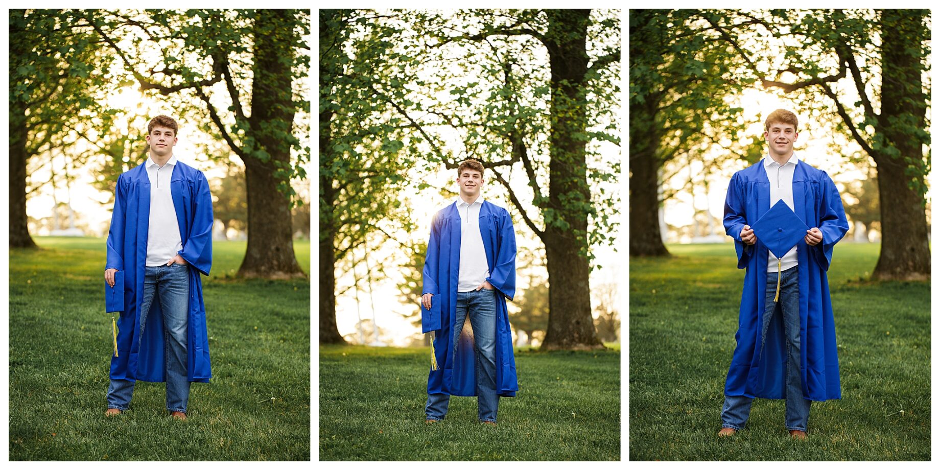 perryville missouri senior high school photographer, cape girardeau senior high school photographer, farmington missouri senior high school photographer, boy, blue gown, st Vincent DePaul, sunset, sun through trees, arms crossed, cap and gown