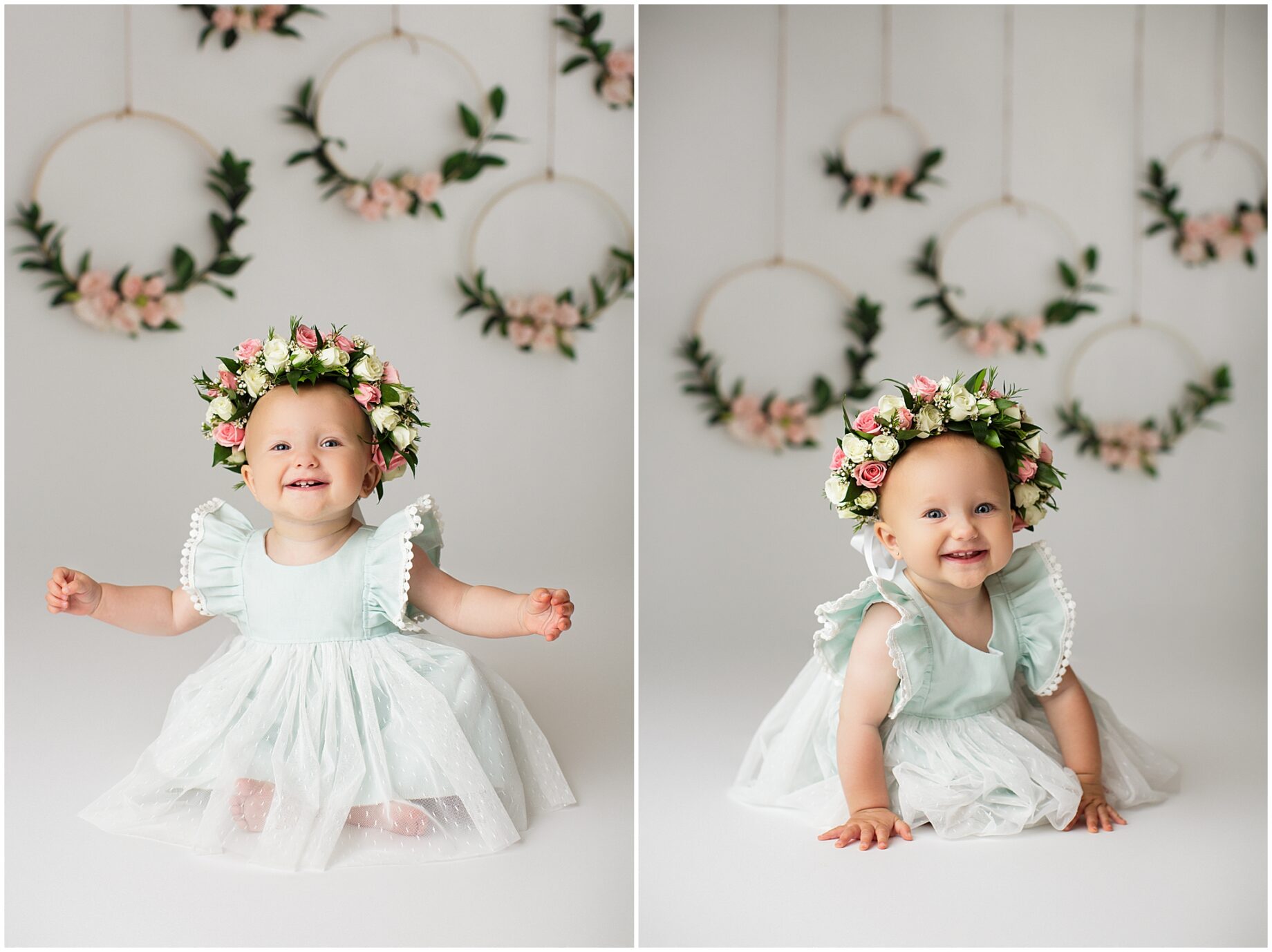 st Louis baby photographer, perryville missouri newborn photographer, ste Genevieve newborn photographer, Festus missouri newborn photographer, flower crown, fresh flowers, baby cheese, excited, baby girl, first birthday photos