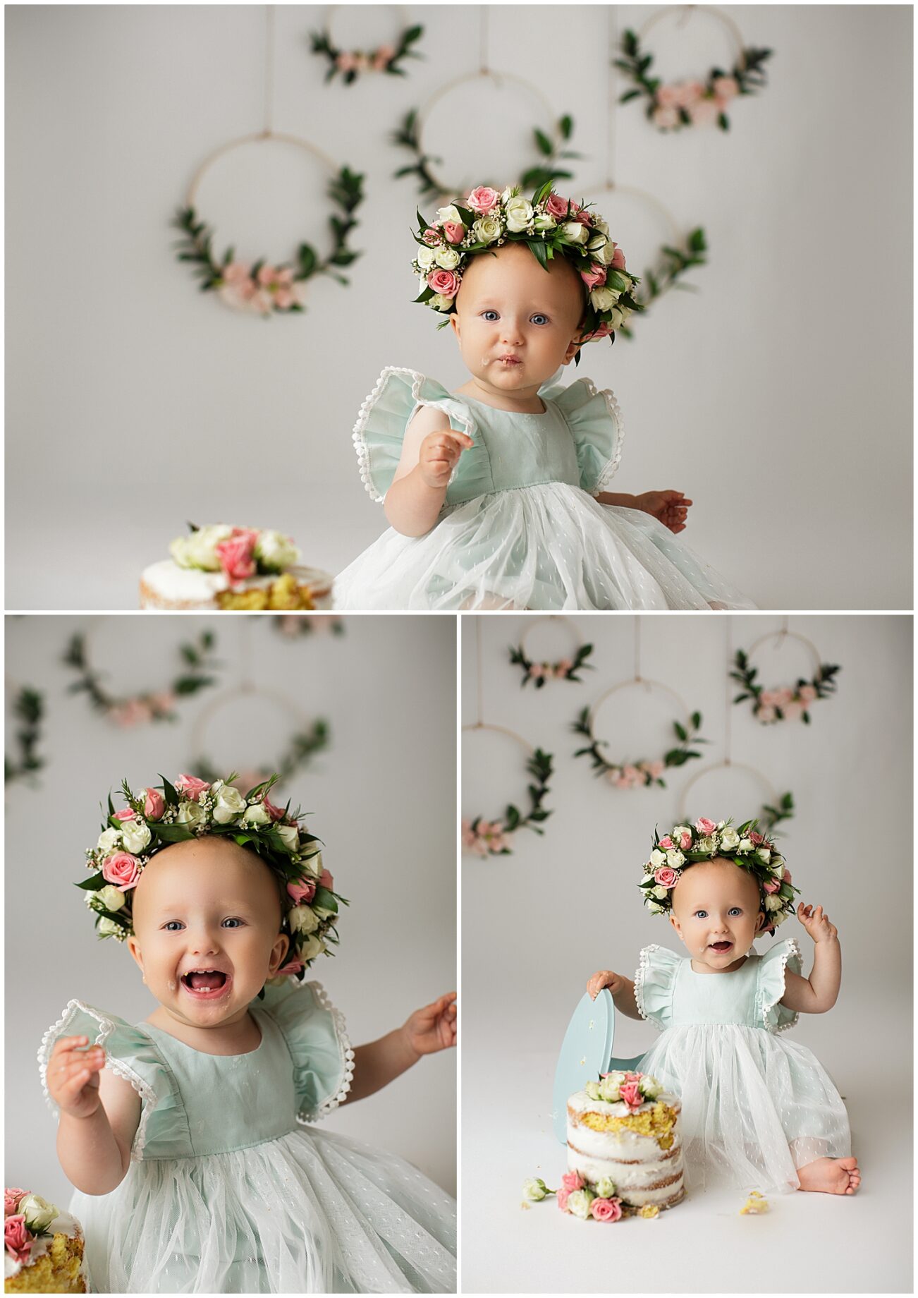 perryville missouri newborn photographer, Cape Girardeau missouri newborn photographer, farmington missouri newborn photographer, missouri cake smash photographer, flower hoops, baby girl, butterfields florist, laughing, eating cake