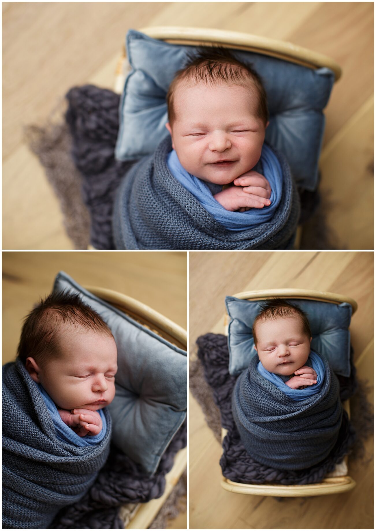 st Louis newborn photographer, perryville missouri newborn photographer, Jackson missouri newborn photographer, missouri newborn photographer, CAPE GIRARDEAU missouri newborn photographer, collage, blue baby setup, wood floor, tiny bed, baby smiles