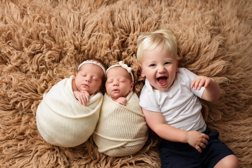 perryville newborn photographer, ste. Genevieve newborn photographer, twin girls with brother, studio photographer, newborn sibling photos