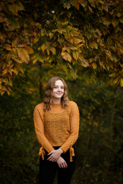 perryville senior photographer, Cape Girardeau senior photographer, high school senior, fall tree, beautiful tree, orange shirt, fall senior photos