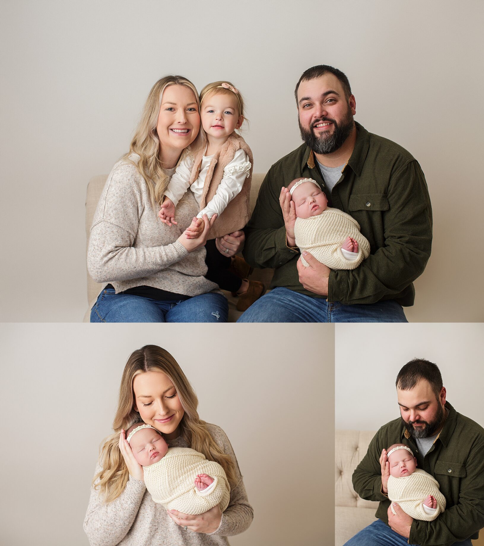 southeast Missouri newborn photographer, Perryville newborn photographer, Cape Girardeau newborn photographer, family, newborn photoshoot, backdrop, studio, family holding children, white backdrop, newborn photos, dad looking at baby, mom looking at baby