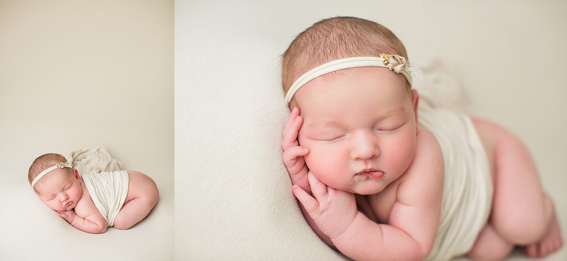 Cape Girardeau newborn photographer, baby laying on blanket, cream blanket, backdrop, newborn girl, baby photoshoot, baby wearing headband
