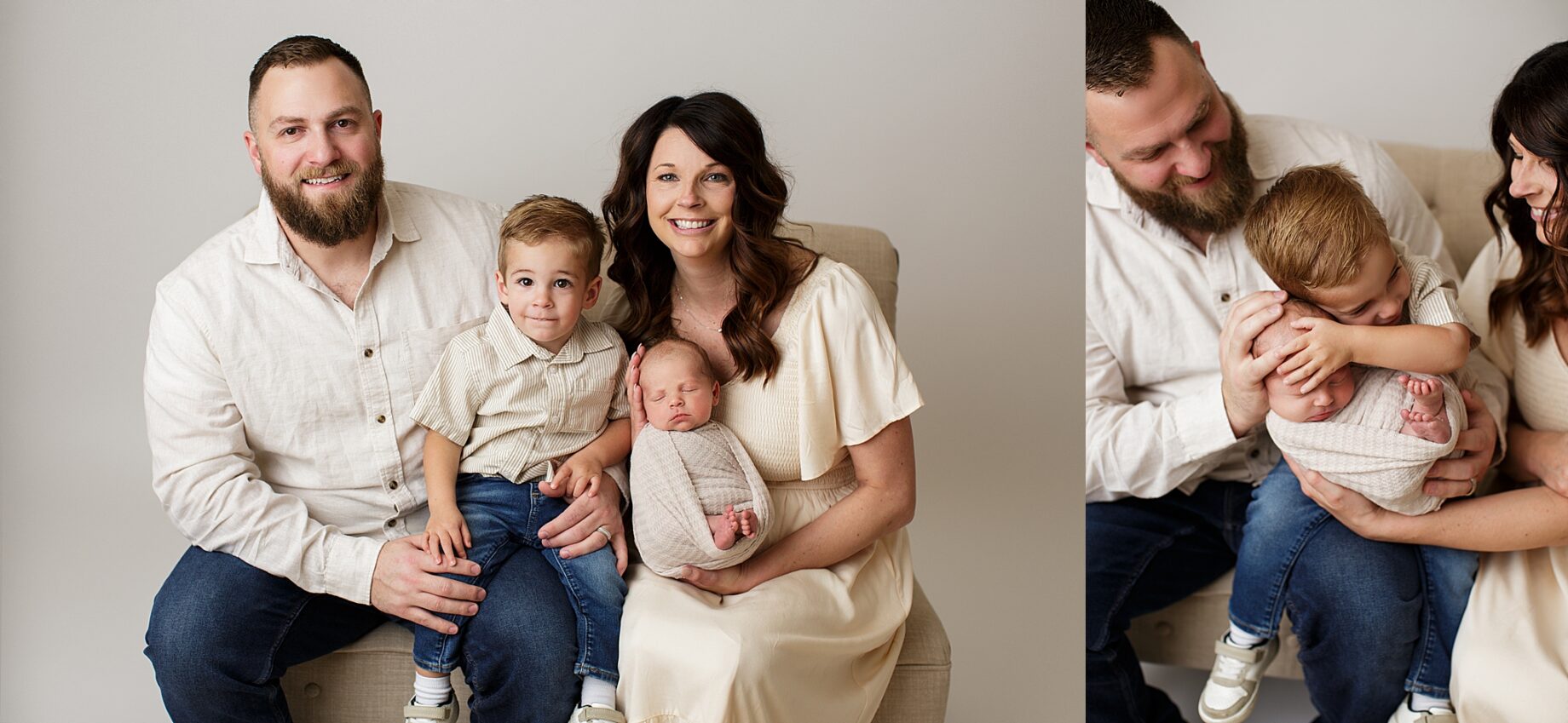 St. Louis newborn photographer, perryville missouri newborn photographer, family newborn photos, white studio backdrop, brother hugging baby, mom and dad, neutral photoshoot
