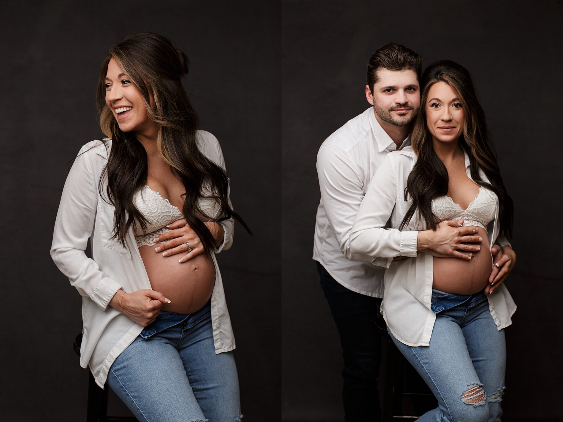 perryville missouri maternity photographer, Cape Girardeau missouri maternity photographer, St. Louis maternity photographer, editorial photos, laughing, husband and wife, maternity photoshoot, studio light, luxury photography