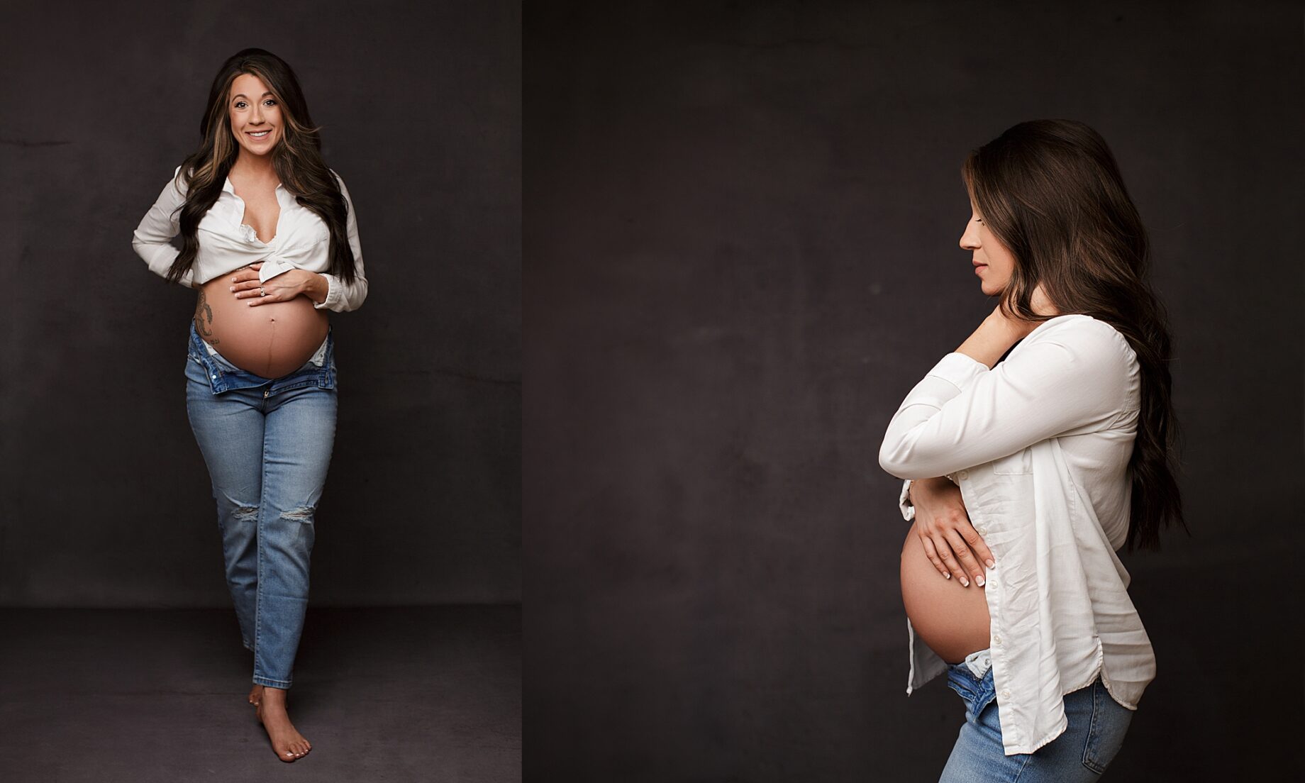 perryville missouri maternity photographer, Cape Girardeau missouri maternity photographer, St. Louis maternity photographer, maternity, motherhood, white button up, maternity photos, brown backdrop, intuition backgrounds