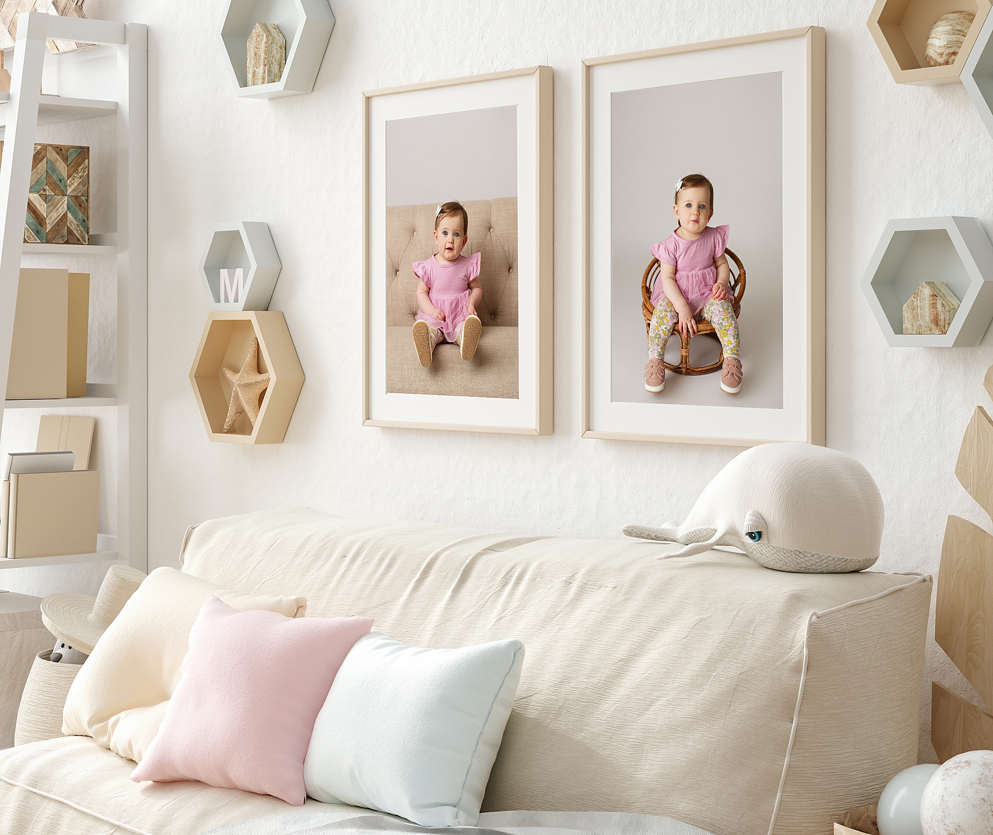 perryville Missouri Newborn photographer, Cape Girardeau newborn photographer, little girl room, photos on wall, cream walls, couch, st Louis newborn photographer