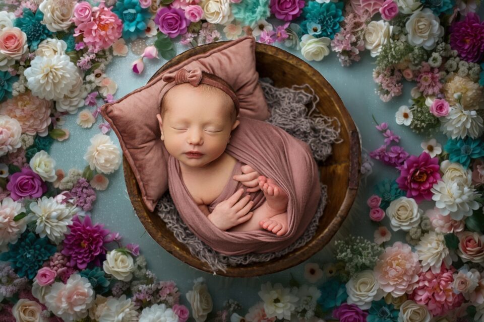 st Louis missouri newborn photographer, farmington Missouri Newborn photographer, CAPE GIRARDEAU Missouri Newborn photographer, perryville, flowers, baby girl sleeping in bowl, wooden bowl, bed of flowers