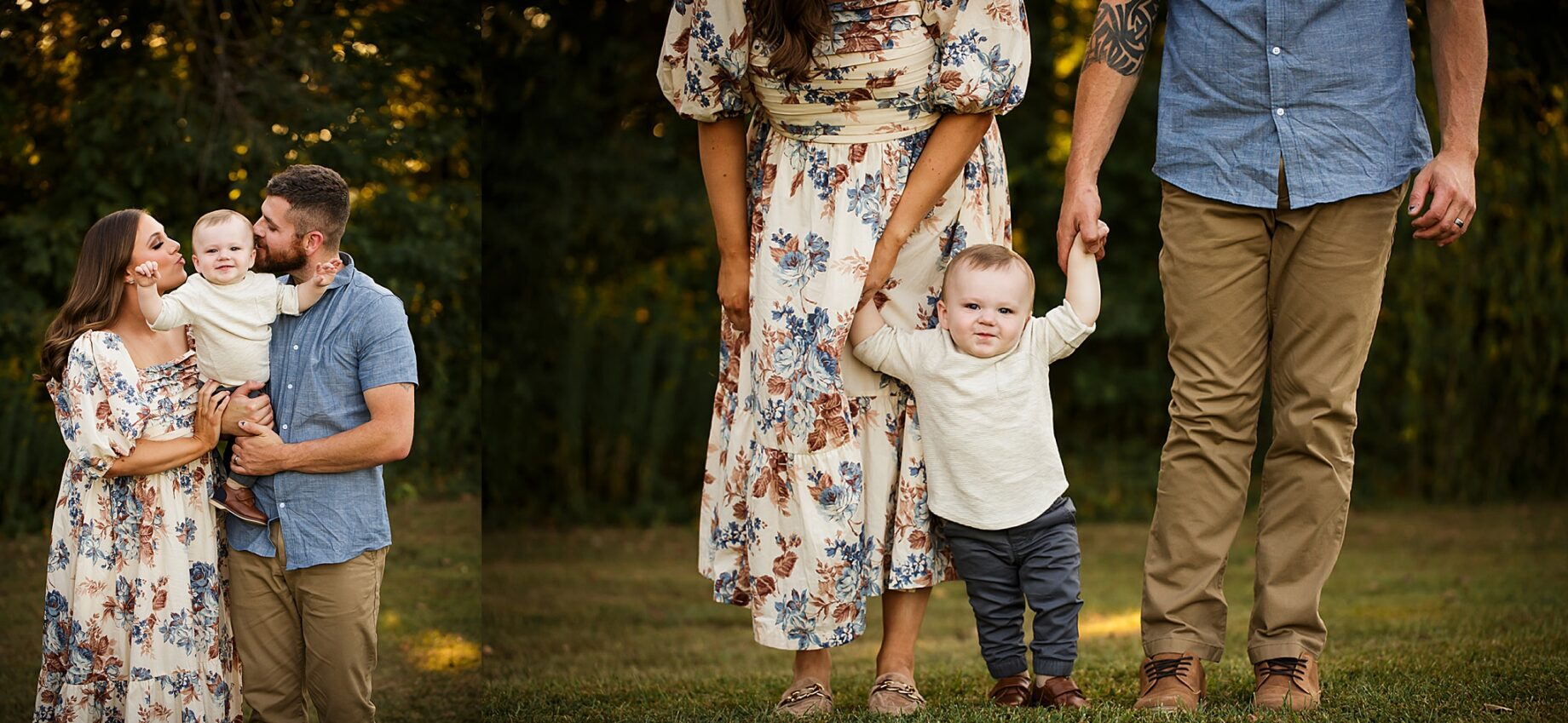 st Louis Missouri Newborn family photographer, Farmington Missouri Newborn family photographer, perryville Missouri Newborn family photographer, family portraits, outside portraits, smiles, holding hands, looking at each other, green, sun