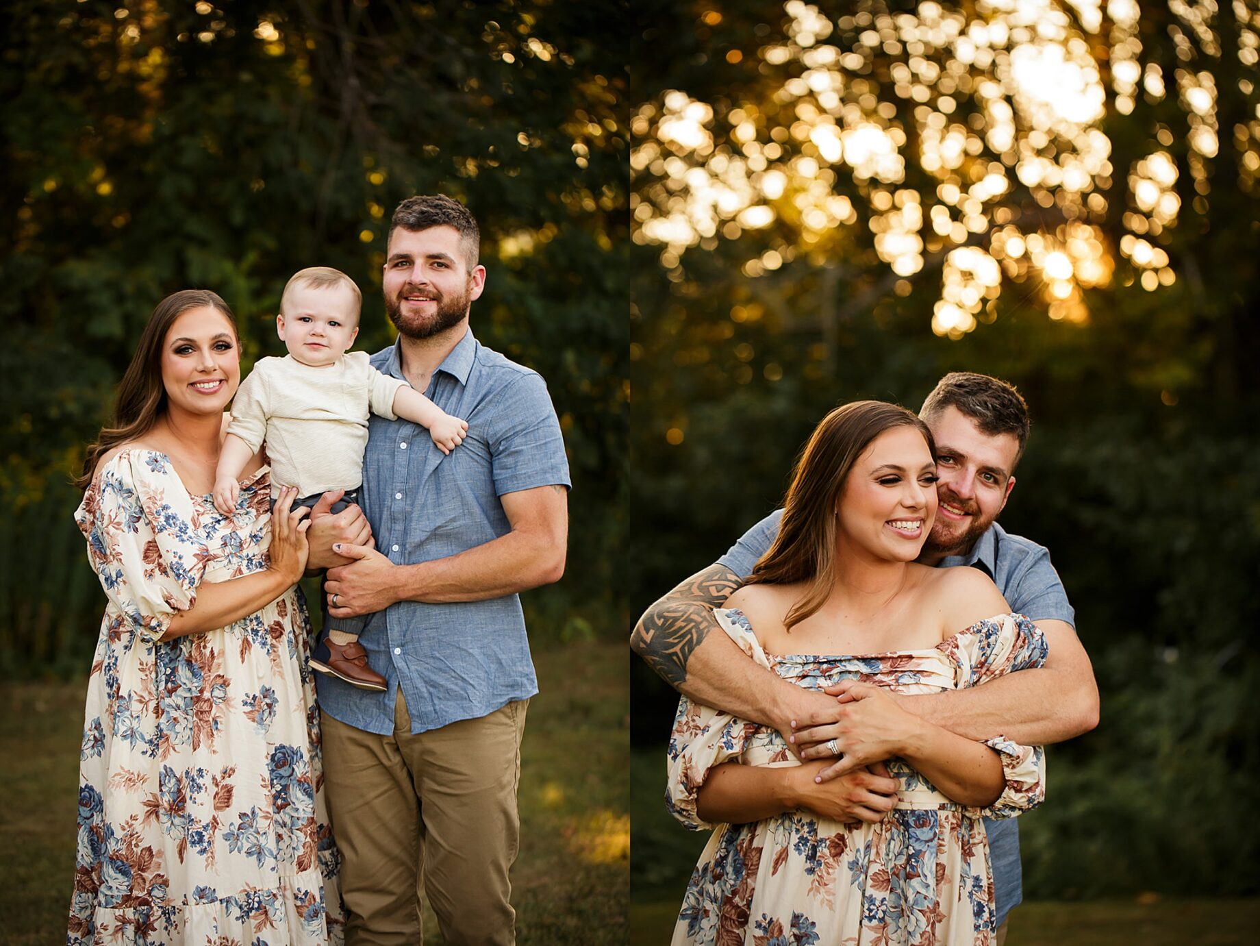 st Louis Missouri Newborn family photographer, Farmington Missouri Newborn family photographer, perryville Missouri Newborn family photographer, floral dress, photoshoot inso, golden sunset light, golden light photo session, little boy, dad hugging mom, stl arch