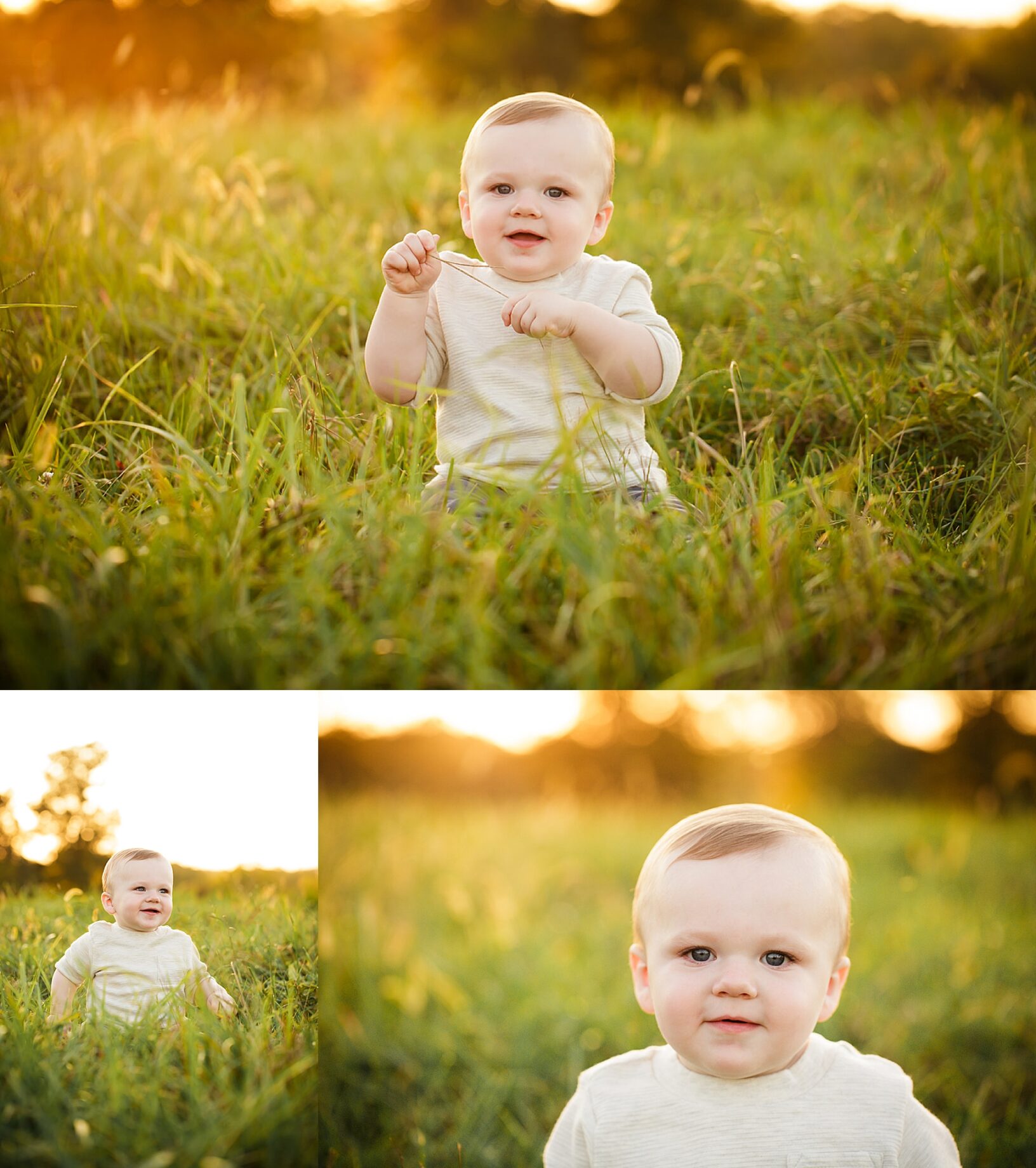 st Louis Missouri Newborn family photographer, Farmington Missouri Newborn family photographer, perryville Missouri Newborn family photographer, one year old, baby boy in field, tall grass, golden sunset, smiling