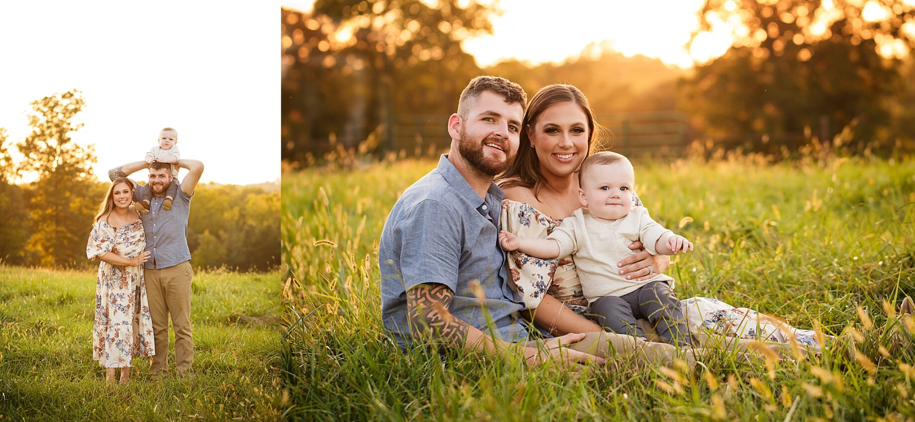st Louis Missouri Newborn family photographer, Farmington Missouri Newborn family photographer, perryville Missouri Newborn family photographer, golden sun, sunset photoshoot, tall green grass, baby on dads shoulders