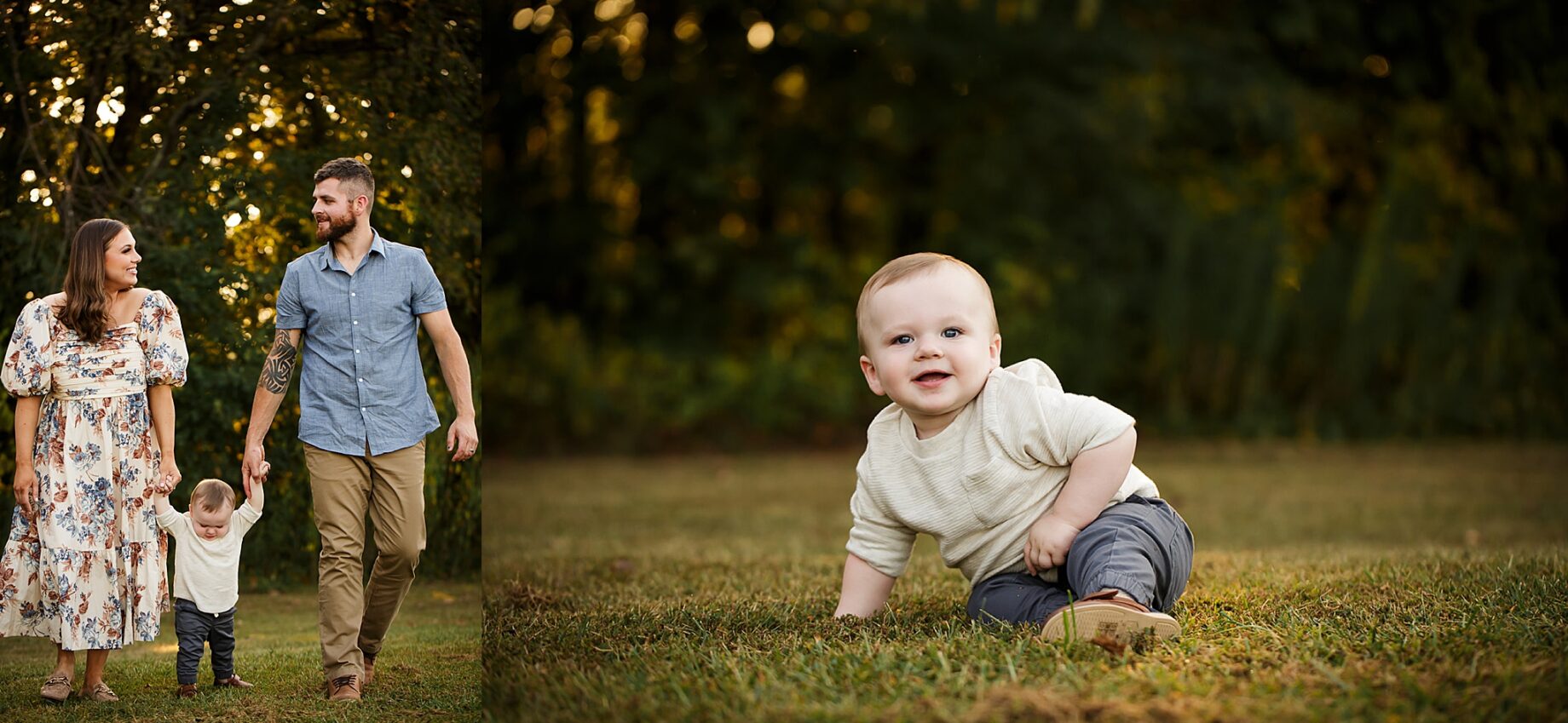 st Louis Missouri Newborn family photographer, Farmington Missouri Newborn family photographer, perryville Missouri Newborn family photographer, little boy sitting in grass, sun peeking through trees, parents holding little boys hands