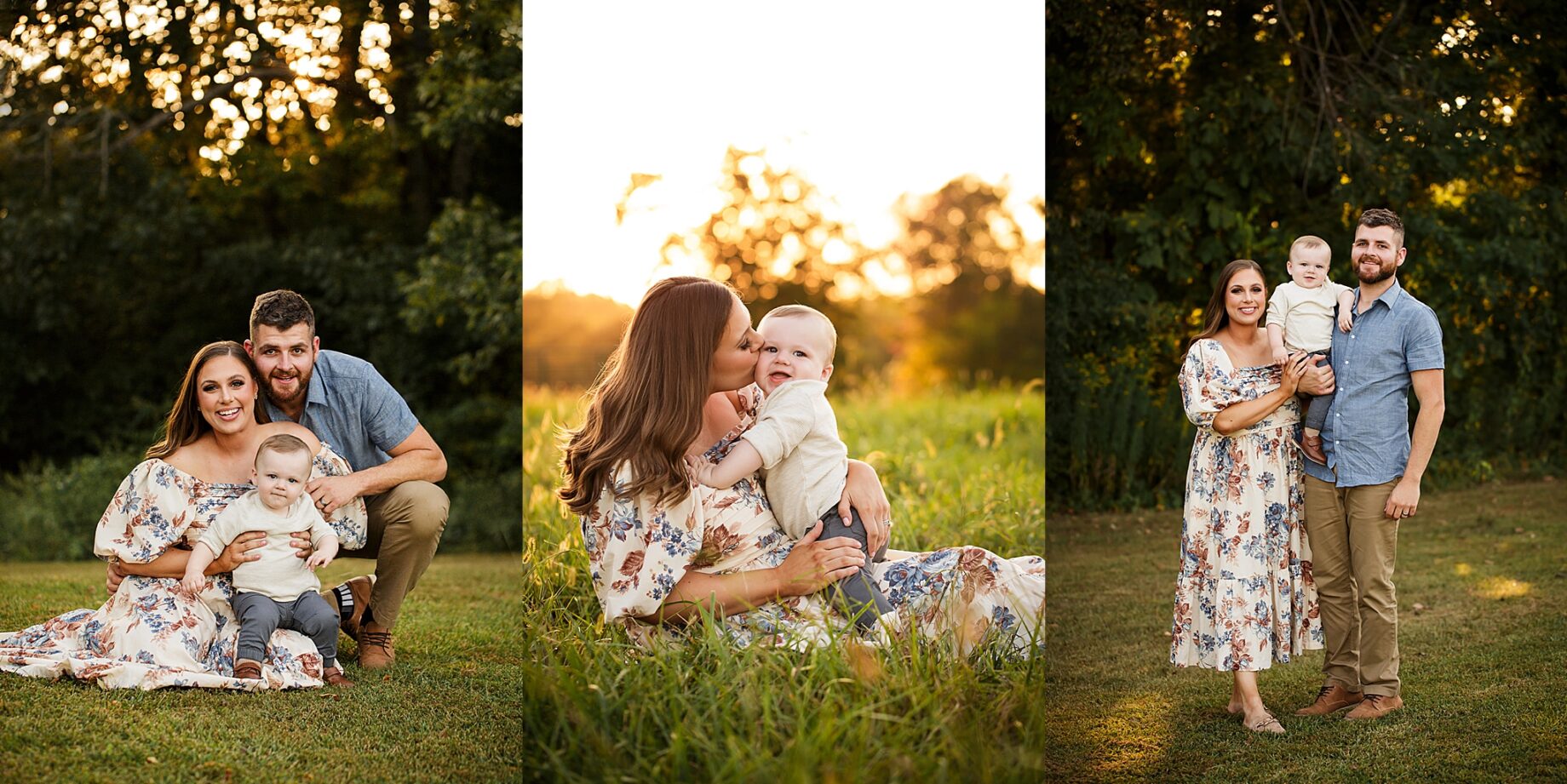 st Louis Missouri Newborn family photographer, Farmington Missouri Newborn family photographer, perryville Missouri Newborn family photographer, family, Oakville, golden light, sunset, mom kissing son, family of three, little boy