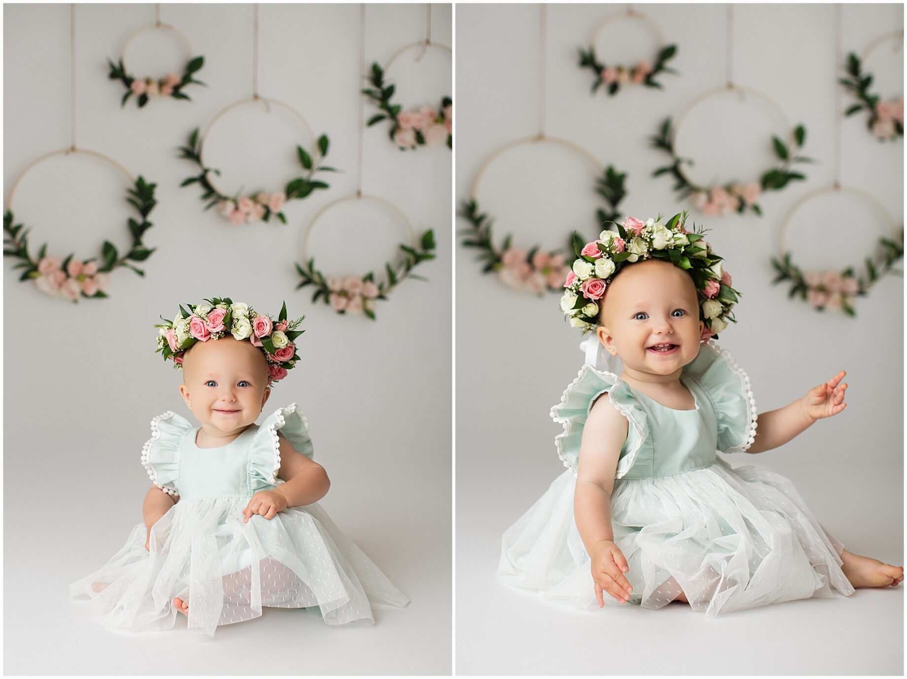st Louis baby photographer, perryville missouri newborn photographer, ste Genevieve newborn photographer, Festus missouri newborn photographer, light blue dress, floral halo, flower birthday part, white backdrop, photo session. first birthday photos