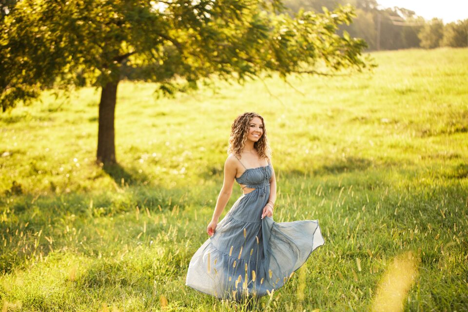 Jackson missouri high school senior photographer, Cape Girardeau senior photographer, perryville senior photographer, field, blue dress, dreamy, sunset